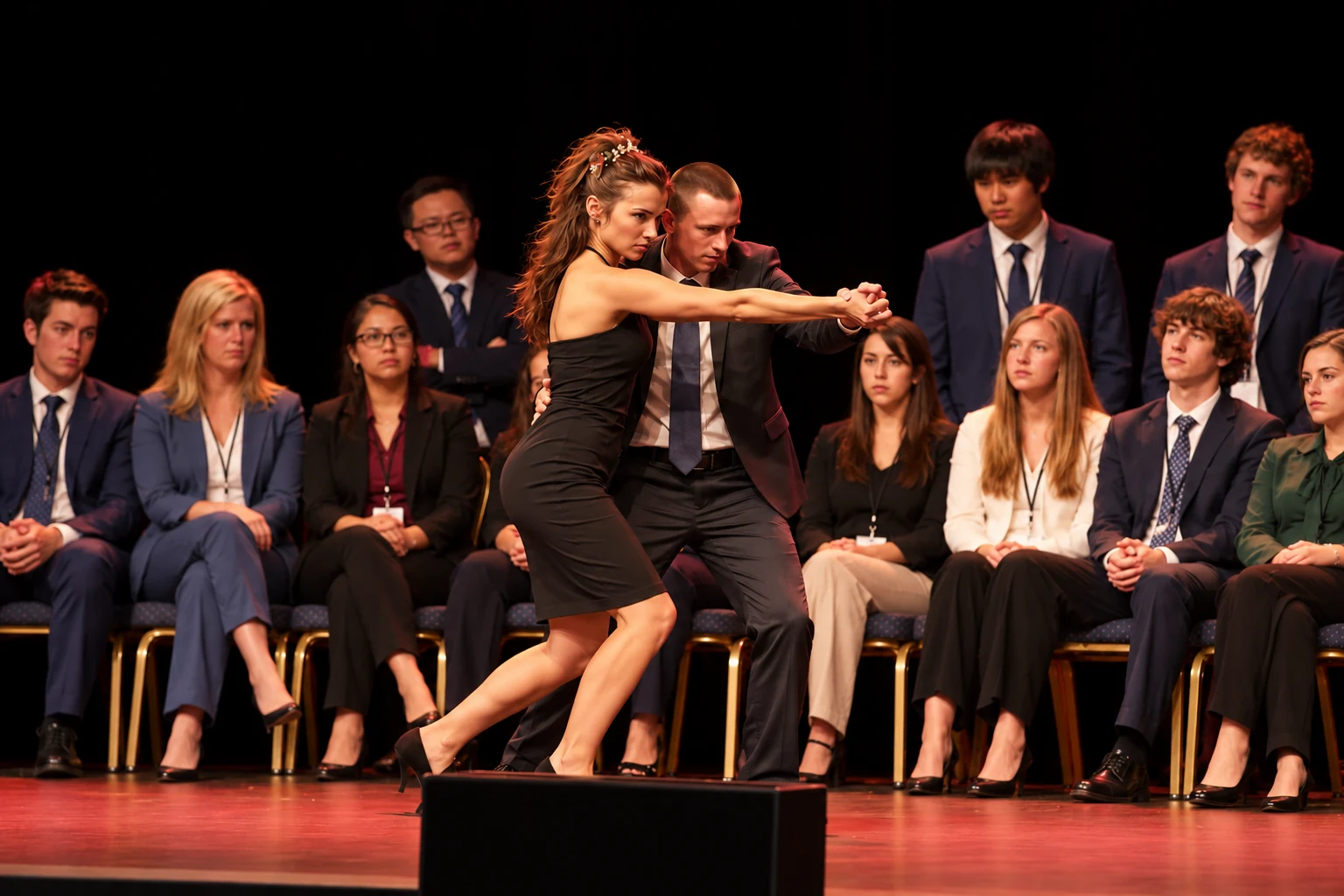 Hypnotized volunteers dancing the tango during Brock Edwards' comedy hypnosis show